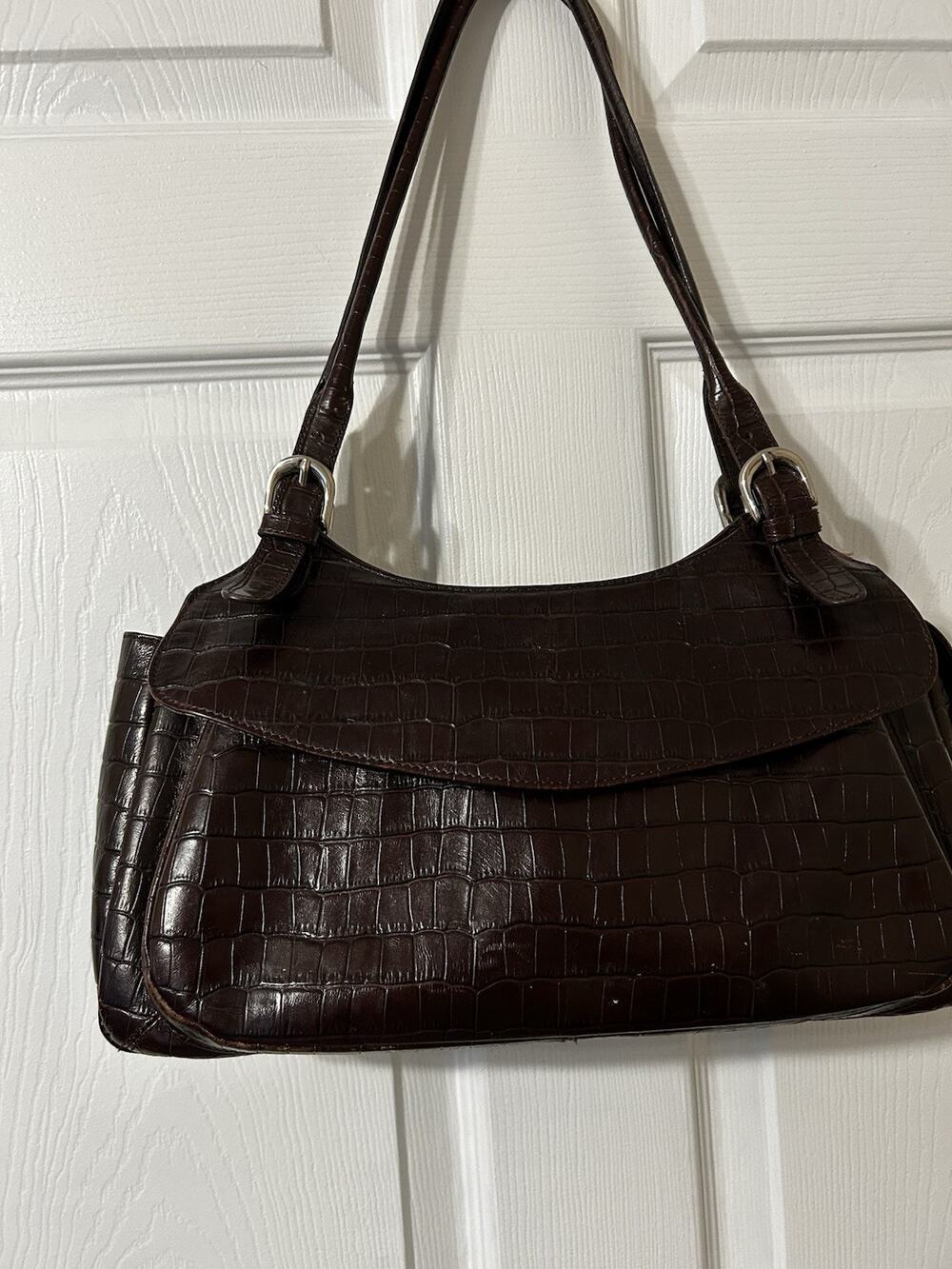 Max New York Brown Croc Shoulder Bag With Exterior Pocket